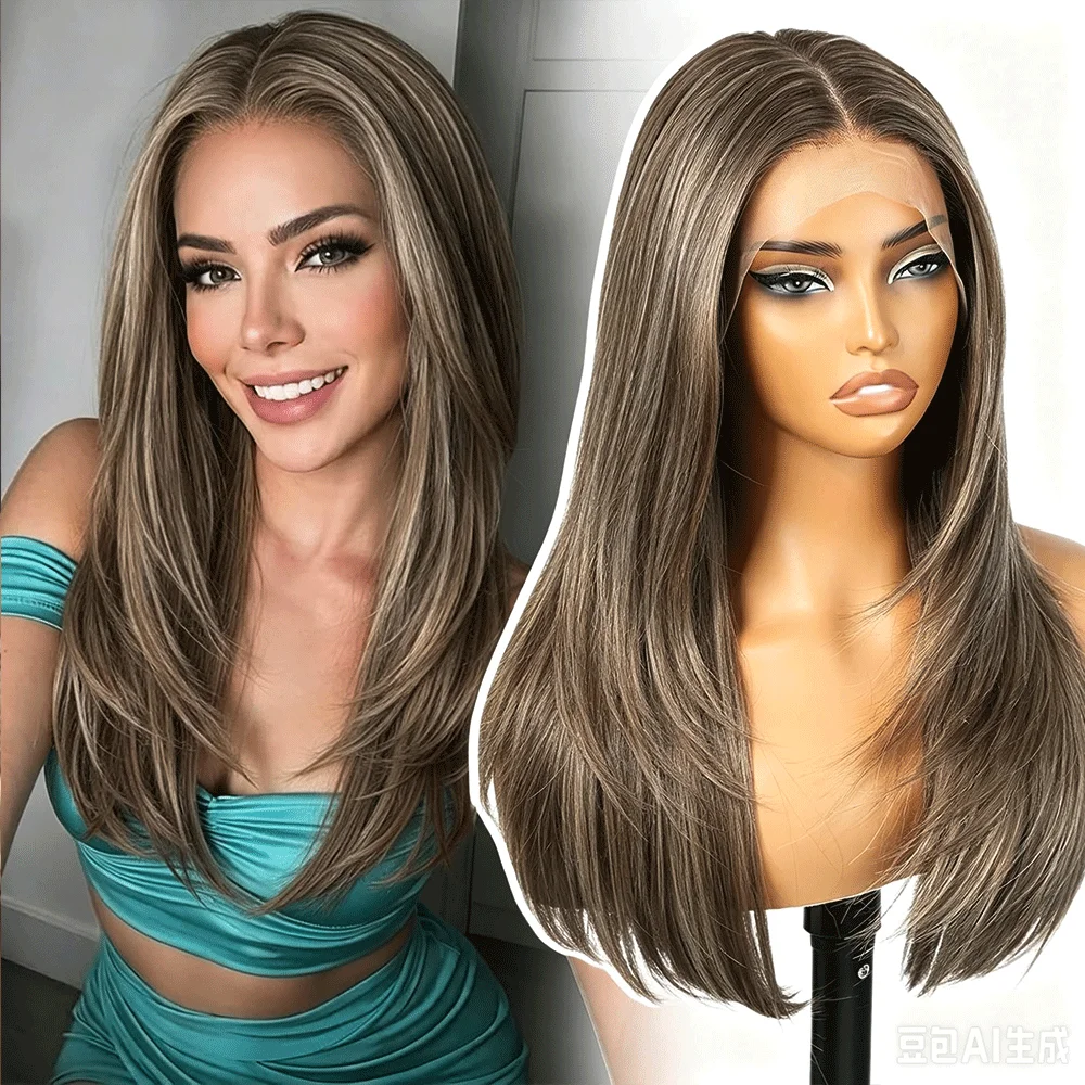 Straight Layered Synthetic Wigs 20 Inch Ash Blonde Dark Roots Machine Crafted Heat Resistant Fiber Beginner Friendly Ladies Dail