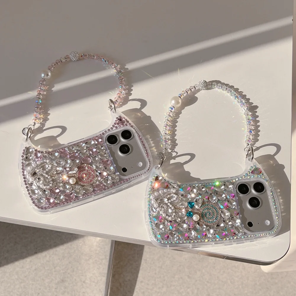 

Luxury bag, sparkling diamond and pearl love lollipop phone case, suitable for iPhone14/15/16/17ProMax,shockproof protecive case