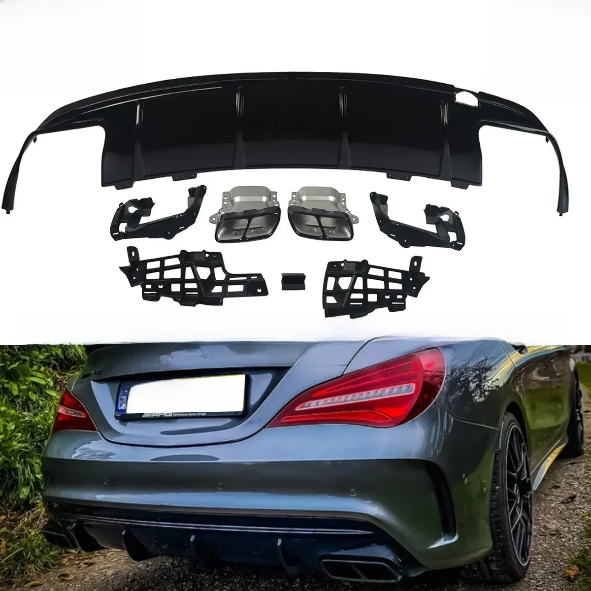 MagicKit Voor Mercedes Benz AMG W117 C117 X117 Diffuser Achter Met Uitlaat Uitlaat CLA260 CLA45 Achterbumper Lipgloss Zwart - afbeelding 2