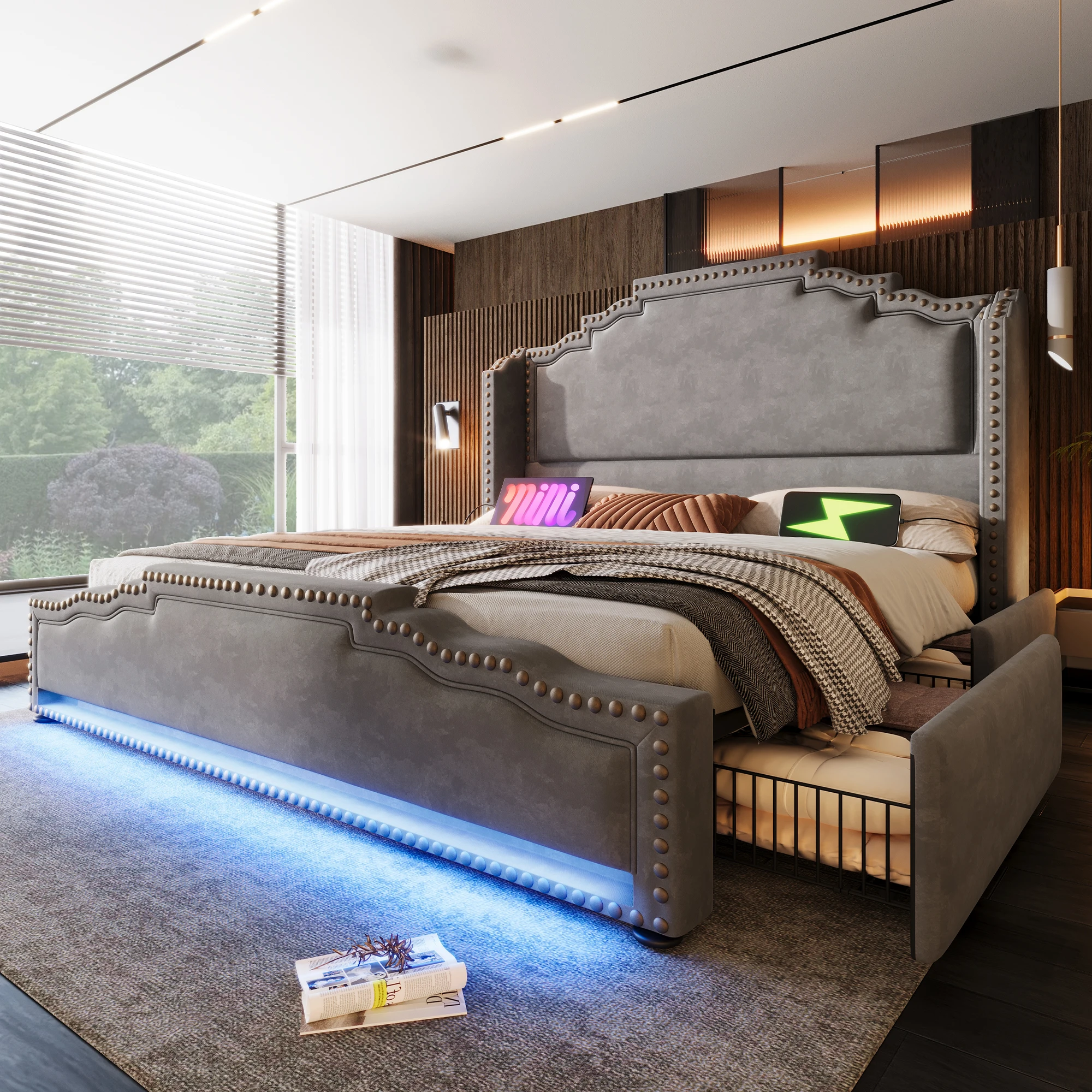 Polsterbett 140x200 cm mit LED und USB/USB-C, graues Samtbett mit 4 Schubladen, Lattenrost und Kopfteil, Doppelbett Stauraumbett für Schlafzimmer, ohne Matratze