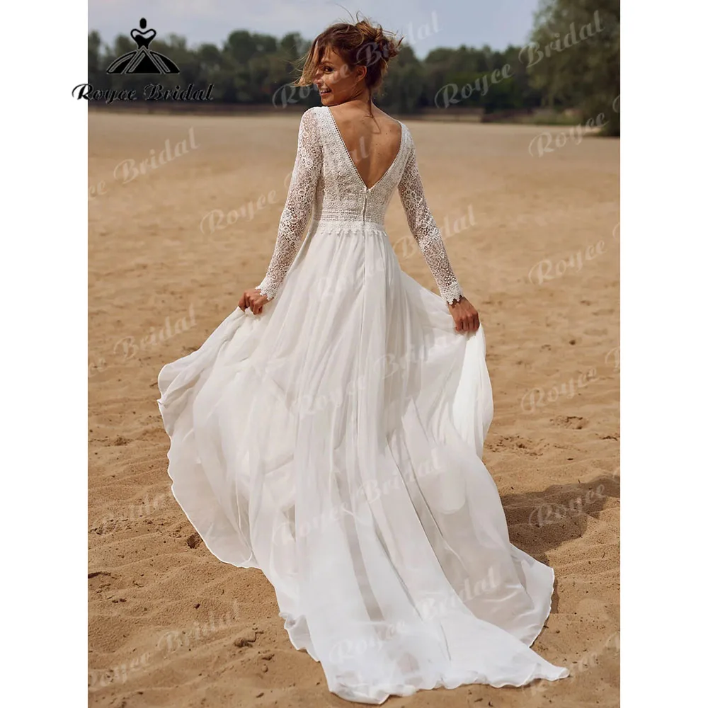 Generoso abito da sposa senza schienale con scollo a V in pizzo a maniche lunghe per le donne 2024 ilopement Beach abito da sposa bohémien vestido de casamento