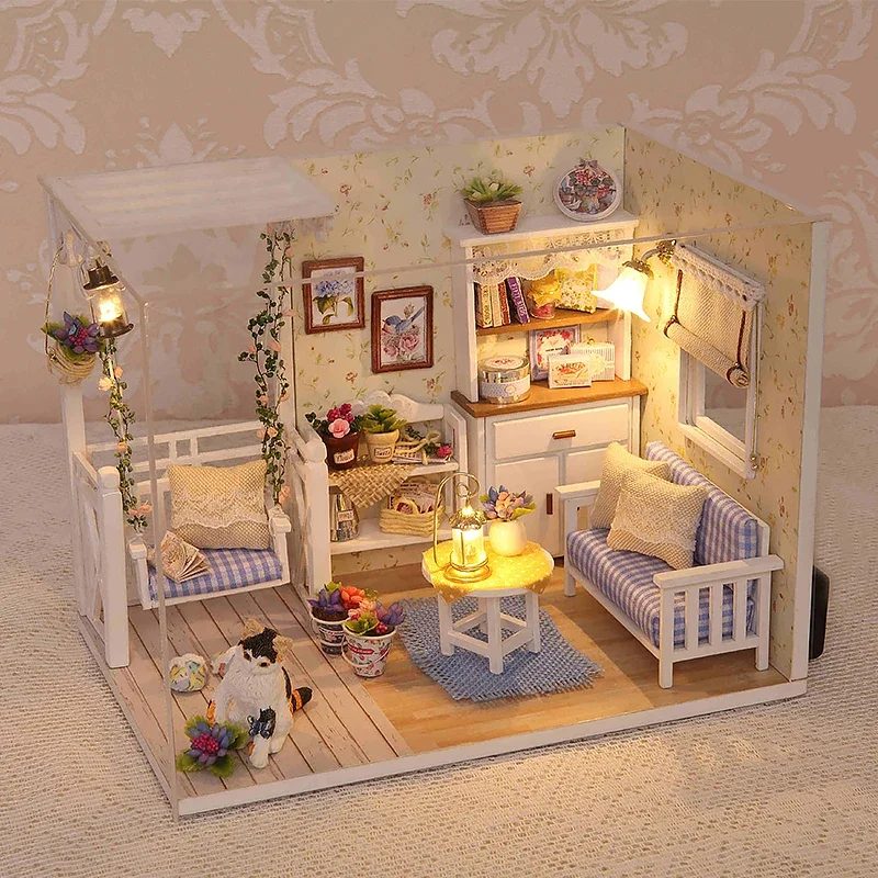 Kotek Mini domek dla lalek Puzzle 3D zestaw do montażu modeli kreatywny pokój dekoracja sypialni z meblami drewniane rękodzieło prezenty — zdjęcie 2