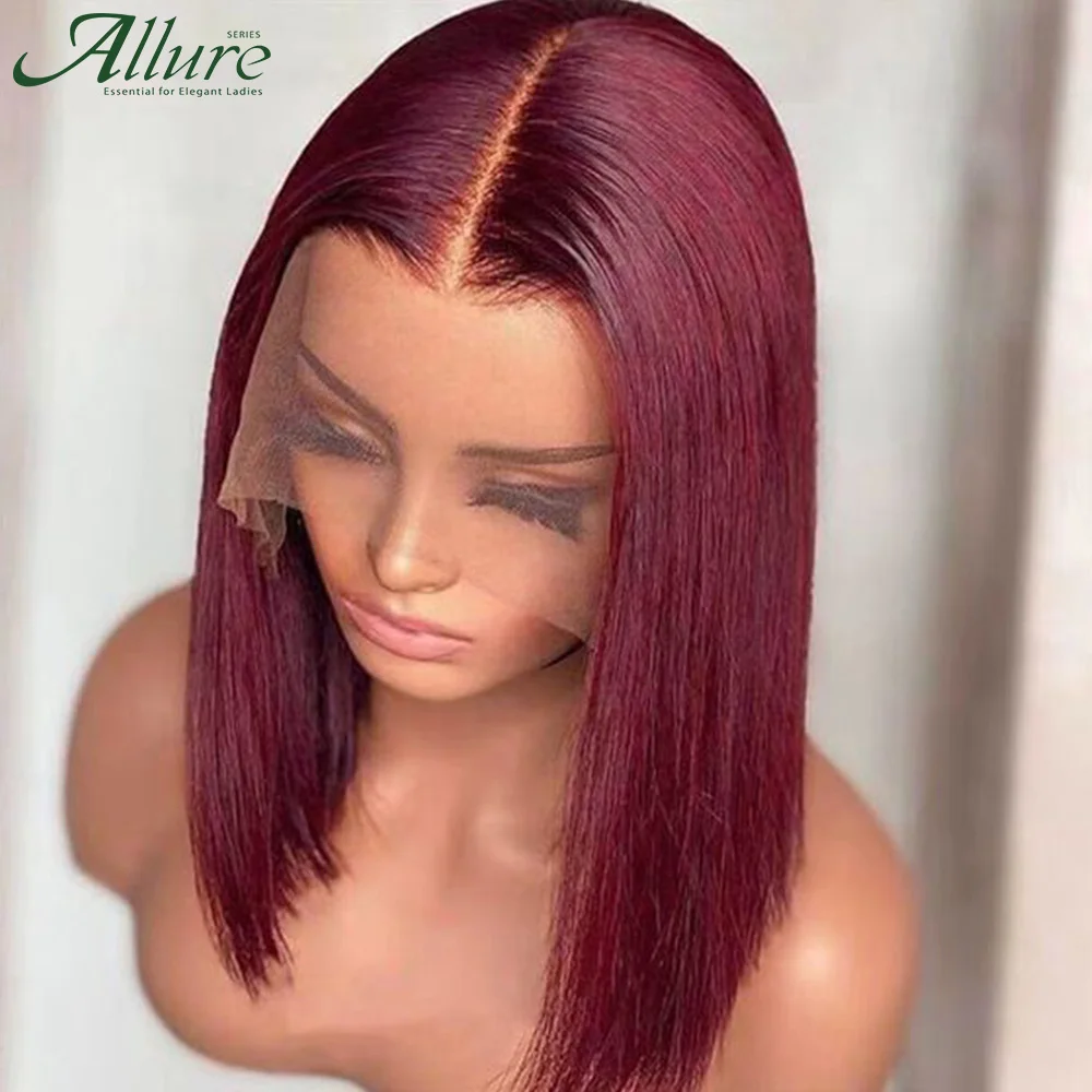 

99J Short Burgundy Bob Human Hair Wigs Colored Straight Bob Lace Front Wig For Women Dark Red Glueless T Part Lace Wigs Allure