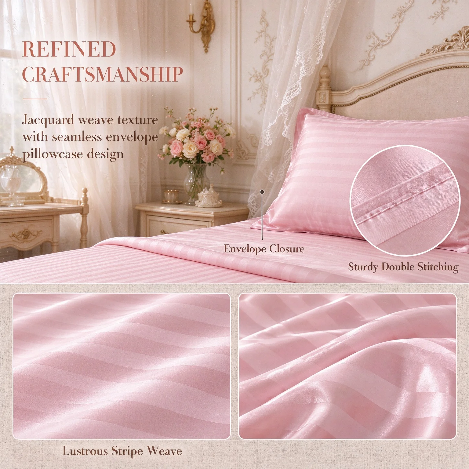 Jacquard Striped 4-Piece Textile Kit, Fine Woven Raised , Sleek Radiant Surface, Room Upgrade Accent, Romantic & Classic Home Styling, Twin Full Queen King Sizes