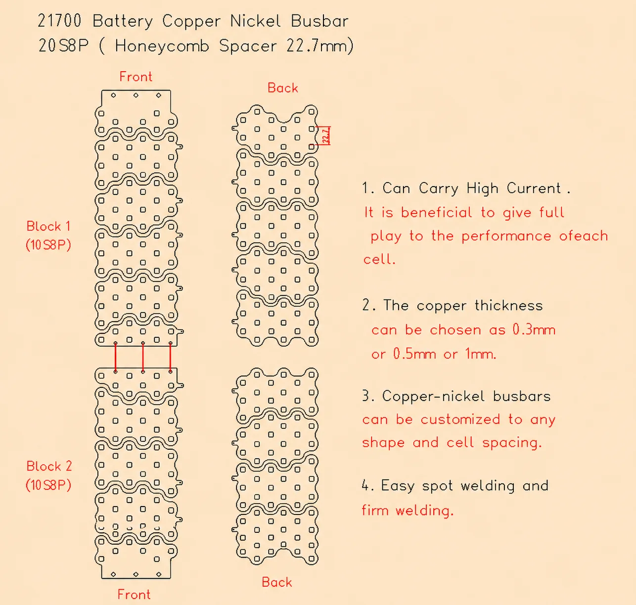 Wellgo Custom 20S8P Battery Connecting Busbars for Electric Motorcycle, Battery Accessories  for 21700 Lithium Battery Pack