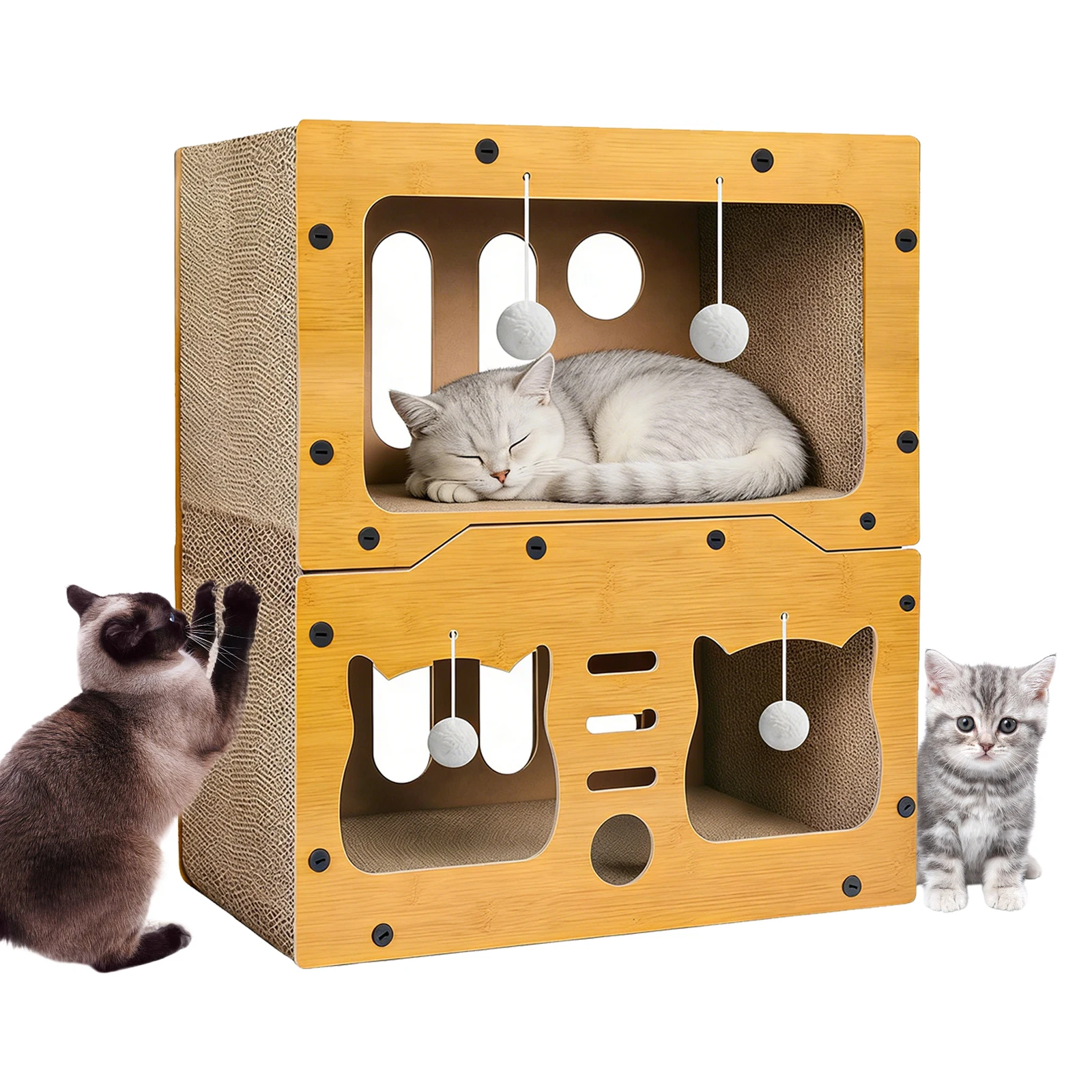 Maison pour chat multifonctionnelle à trois étages, griffoir et lit pour chat, en carton écologique, doux et confortable