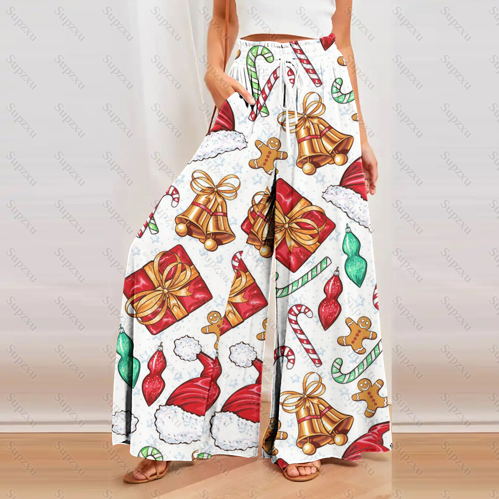 Christmas Tree 3d Print Pants Women Fashion Joggers Santa Claus Wide-leg Pant Sports High-waist Straight-leg Casual Trouser Gift