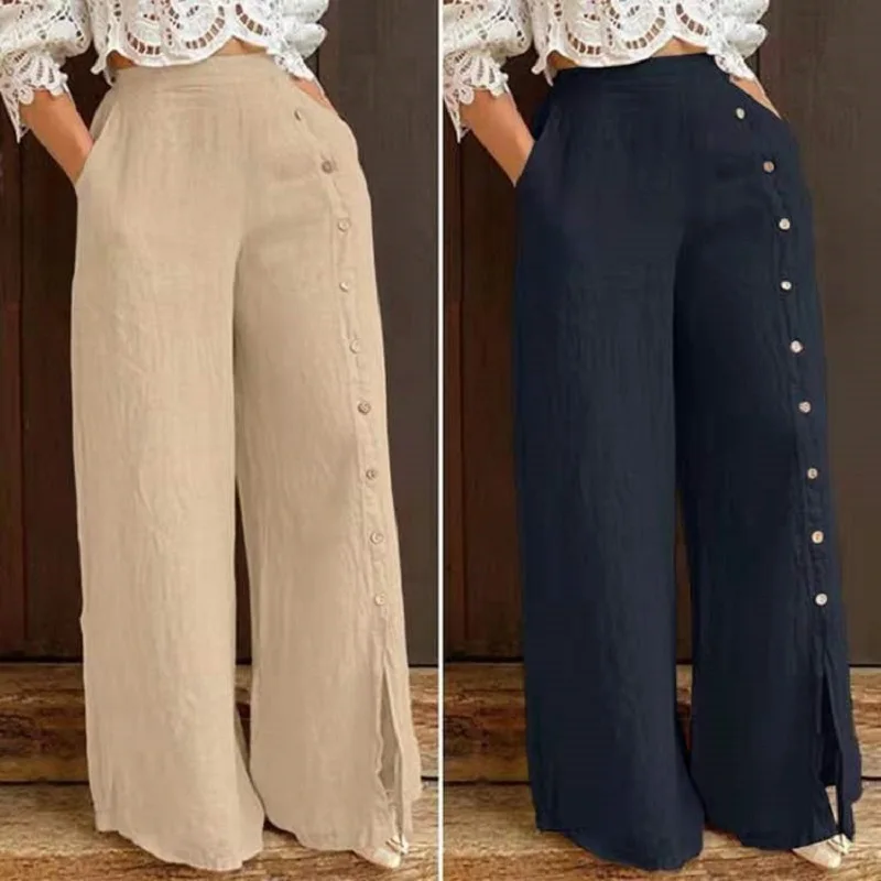 Casual Women Communte Wide Leg Pants Fashion Comfort Multi Buttons Straight Split Trousers Elastic Waist Loose Long Lady Pant