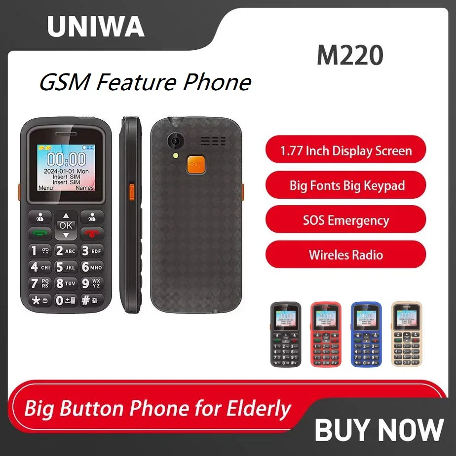 UNIWA M220 GSM Feature Phone SOS 1.77 Inch Dual SIM Simple Cheap Big Button Keypad Cellphone for Elderly Arabic Russian Keyboard