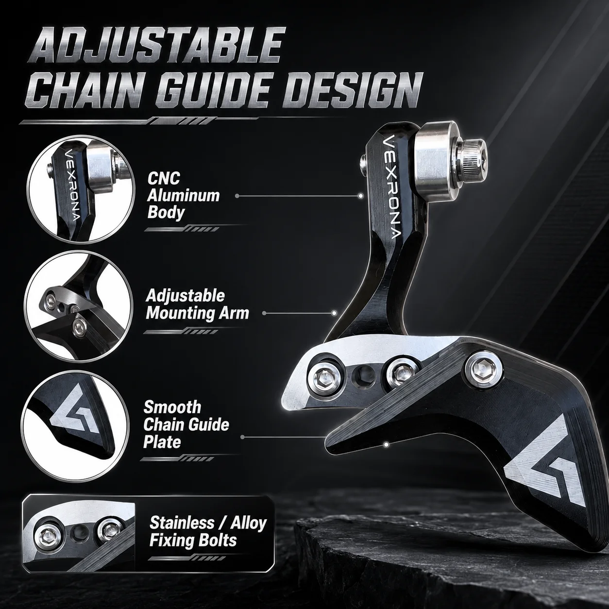 VEXRONA Fahrradkettenführung, verstellbarer CNC-Aluminium-Kettenschutz, Anti-Rutsch-Protektor für MTB, Rennrad, Gravel, Einzelkettenblatt – Detail 3