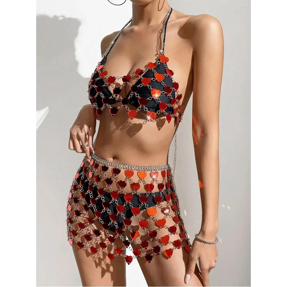 Clearance Women Bikini Cover up Festival Outfit Red Heart Shaped Sequin Chainmail Halter Top and Mirror Mini Skirt 2pcs Rave Set