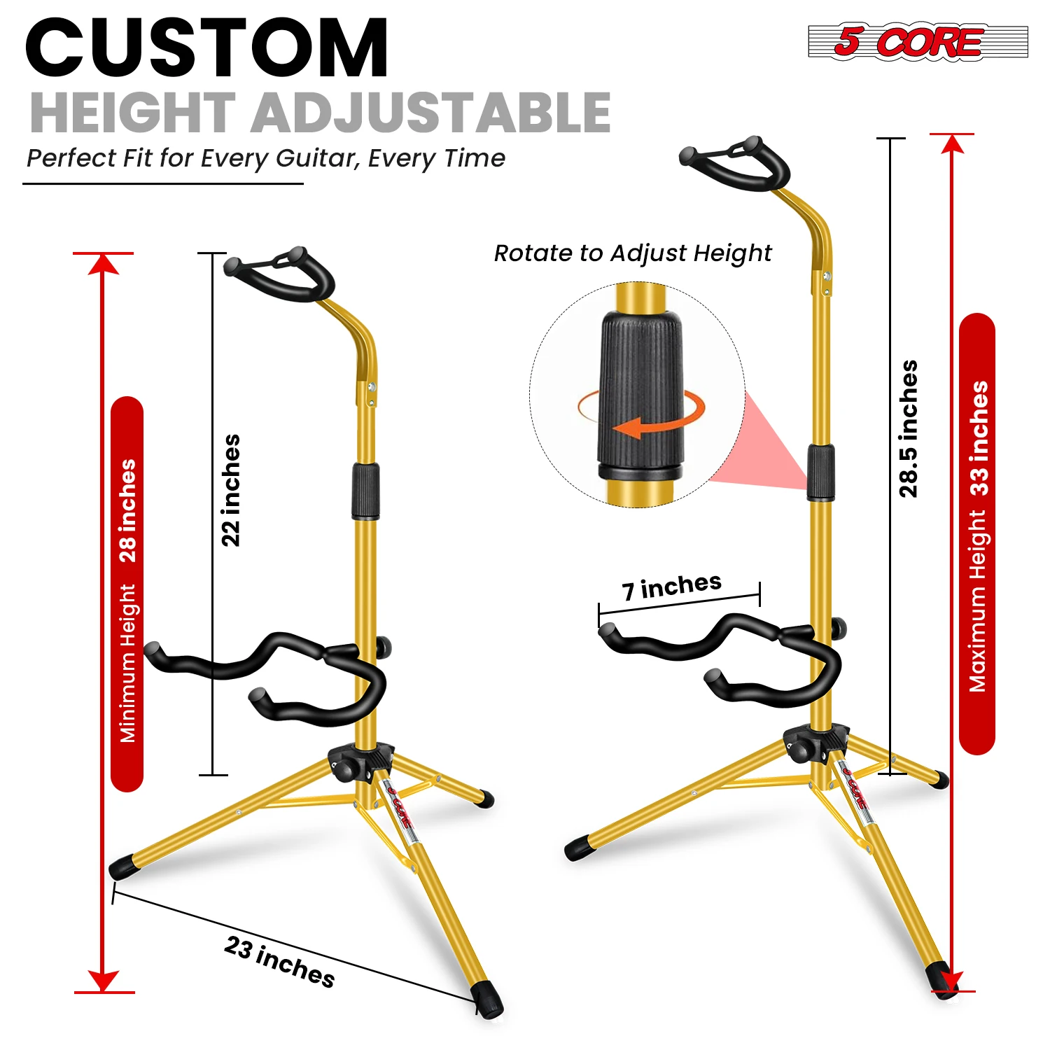 5 Core Guitar Stand Floor Adjustable Heavy Duty w Neck Holder for Acoustic Electric Classic Bass - GSH HD YLW