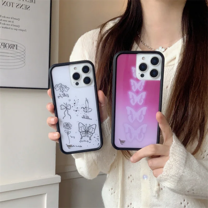 Flor selvagem borboleta caso de telefone para iphone 12 13 14 15 16 pro max 14 15 16 plus bonito arco acrílico capa à prova de choque para menina mulher