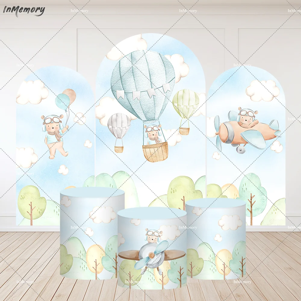 

Bear Baby Shower Party Supplies Arch Backdrop Cover Airplane Hot Air Balloons Newborn 1st Birthday Background Party Chiara Wall