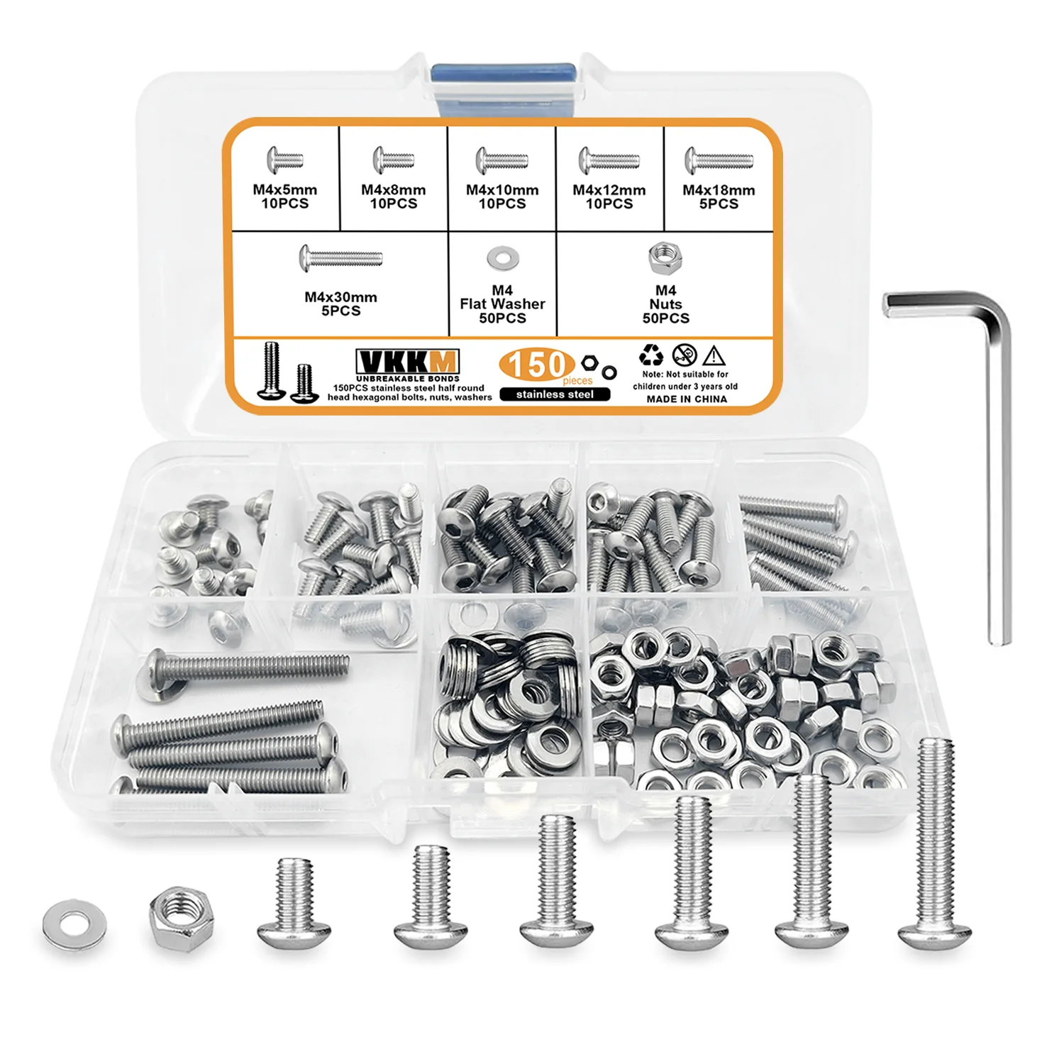 VKKM 150Pcs M4 304 Stainless Steel Button Head Hex Socket Screws Nuts Flat Washers Assortment Kit, 6 Sizes M4x5 M4x8 M4x10 M4x12 M4x18 M4x30 Fastener Set with Allen Wrench for Furniture Cabinet DIY Repair