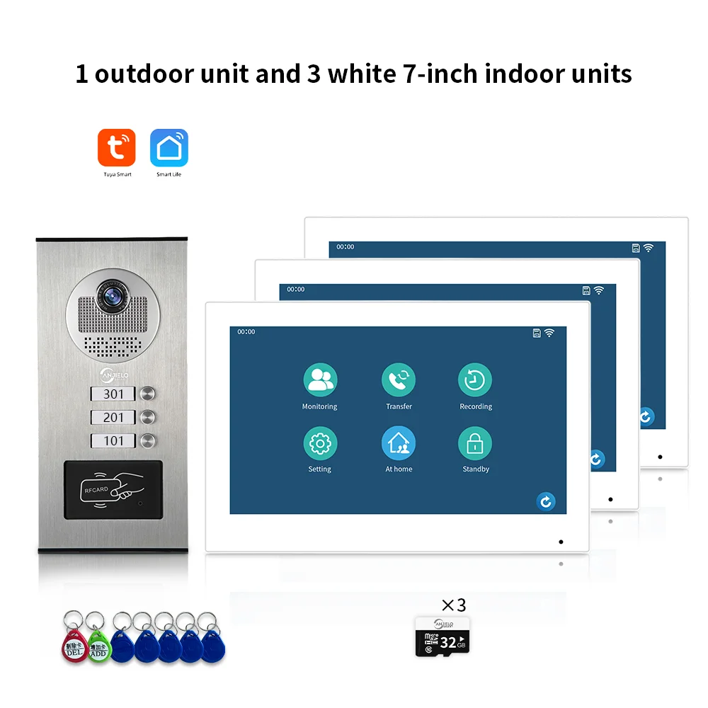 ANJIELO 7-inch 2/3/4/6/8/10/12-unit multi-unit deurbel video-intercomsysteem 1080P display Tuya slimme videodeurbel