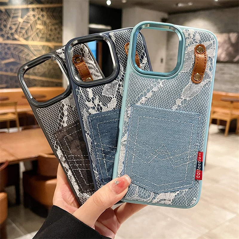 

Vintage patchwork denim silicone Phone case iphone 15 plus 16E 11 12 13 14 15 16 Pro Max card case Hook Shockproof Cover Capa