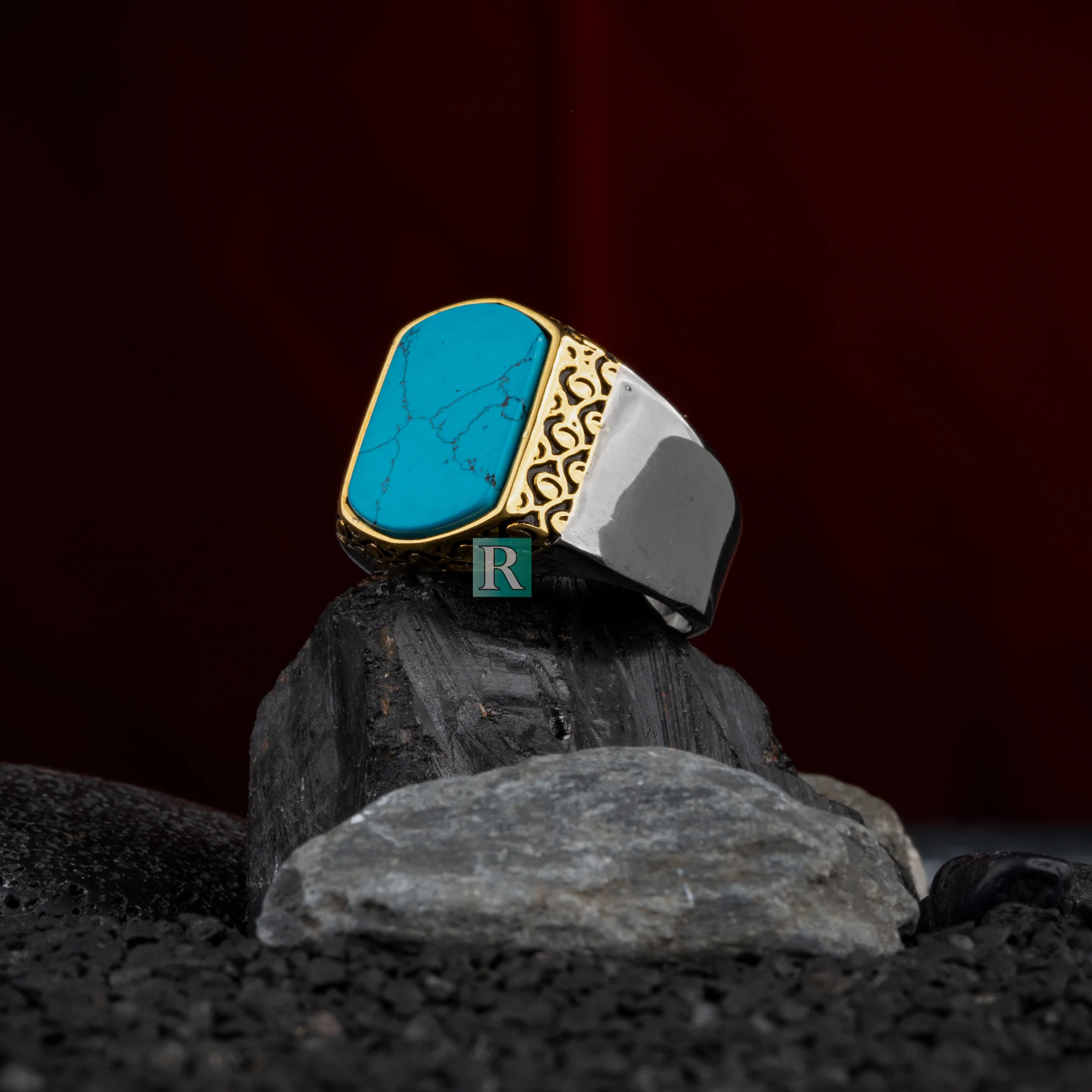 925 Sterling Pure Silver Gold Plated Natural Turquoise Firuza Stone Stylish Design Guaranteed High Quality Gift for Men Jewelry