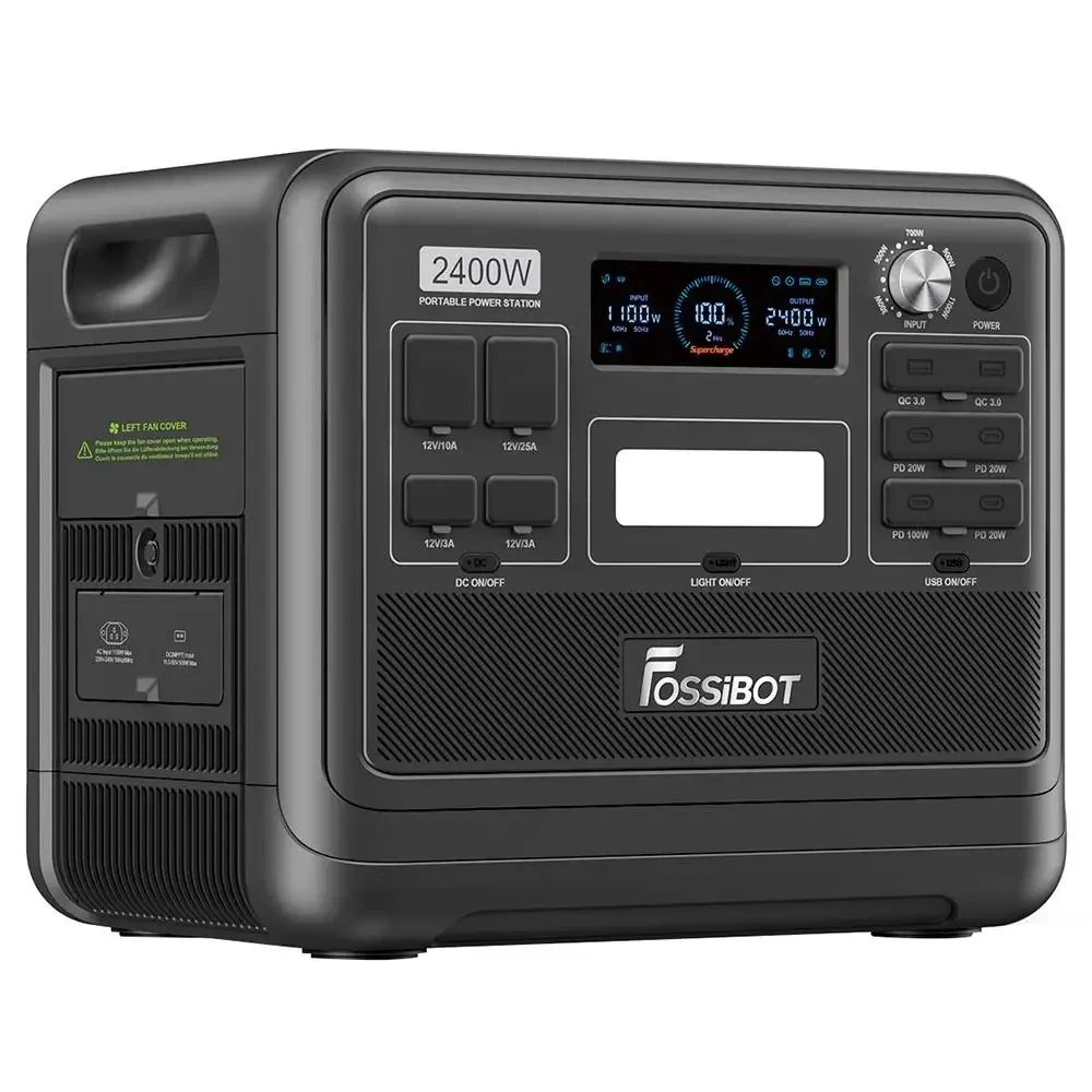 FOSSiBOT F2400 Zuivere sinus draagbare krachtcentrale 2048 Wh 2400 W uitgangsgenerator 16 uitgangspoorten Draagbare zonne-opvouwbare trollen