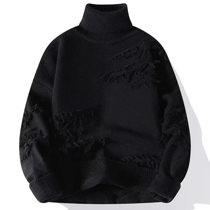 Ripped Turtleneck Sweater Male Y2k Hole Scratch Pullovers Knitwear INS Harajuku Vintage Winter Clothes Ugly Sweater Streetwear