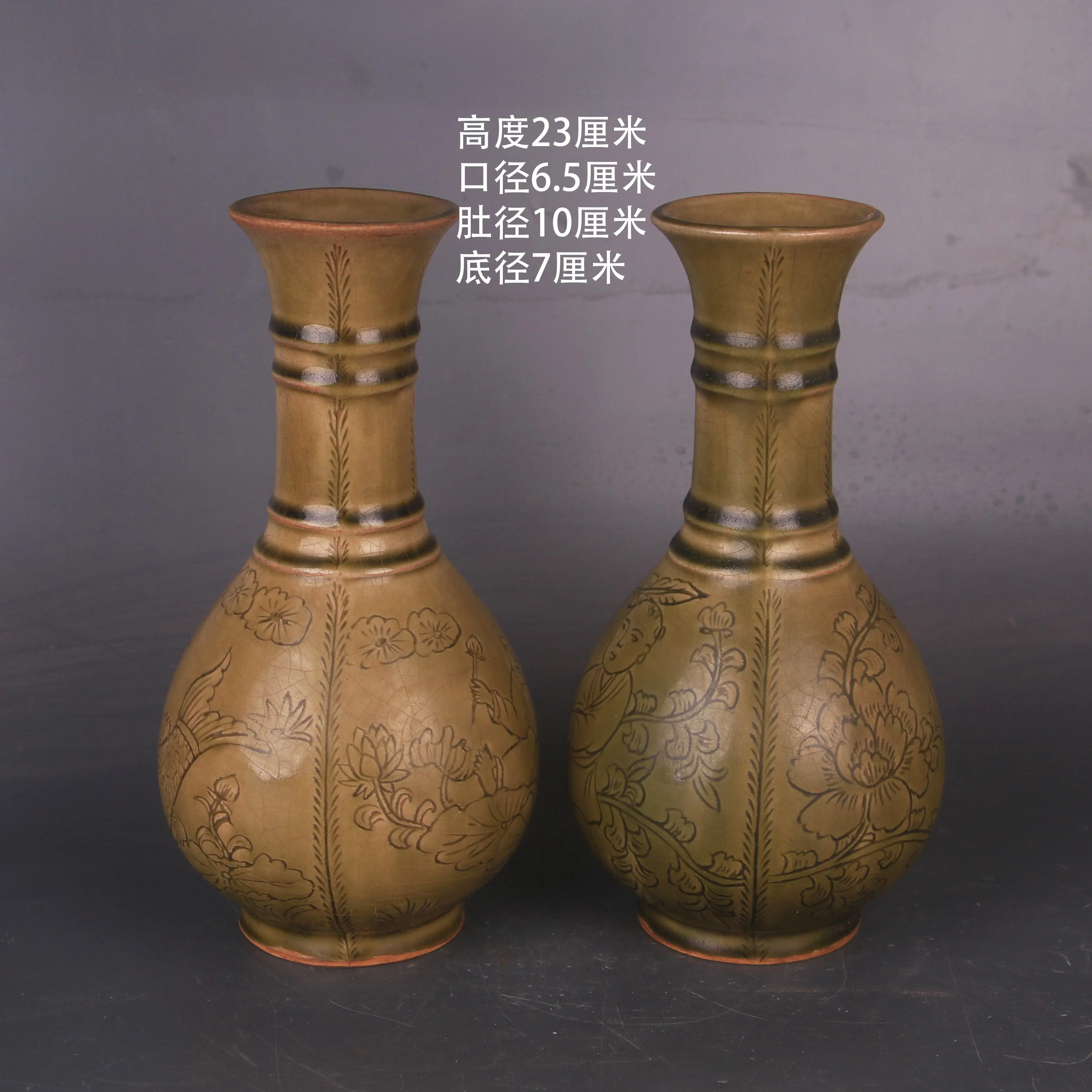 Song Dynasty Style Yue Kiln Secret Color Incised Figures Bamboo Joint Vase Handmade Antique Replica Home Decor Ornament