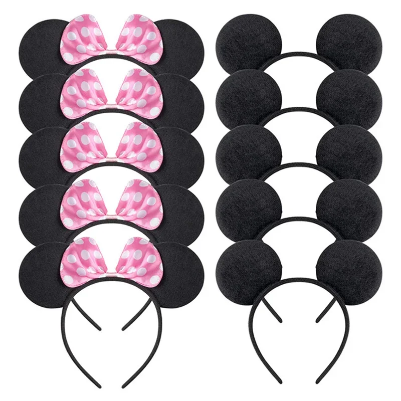 6Pcs Mickey Maus Ohren Solid Black Red Bogen Stirnband Set Kostüm Deluxe Stoff Maus Ohren Stirnband