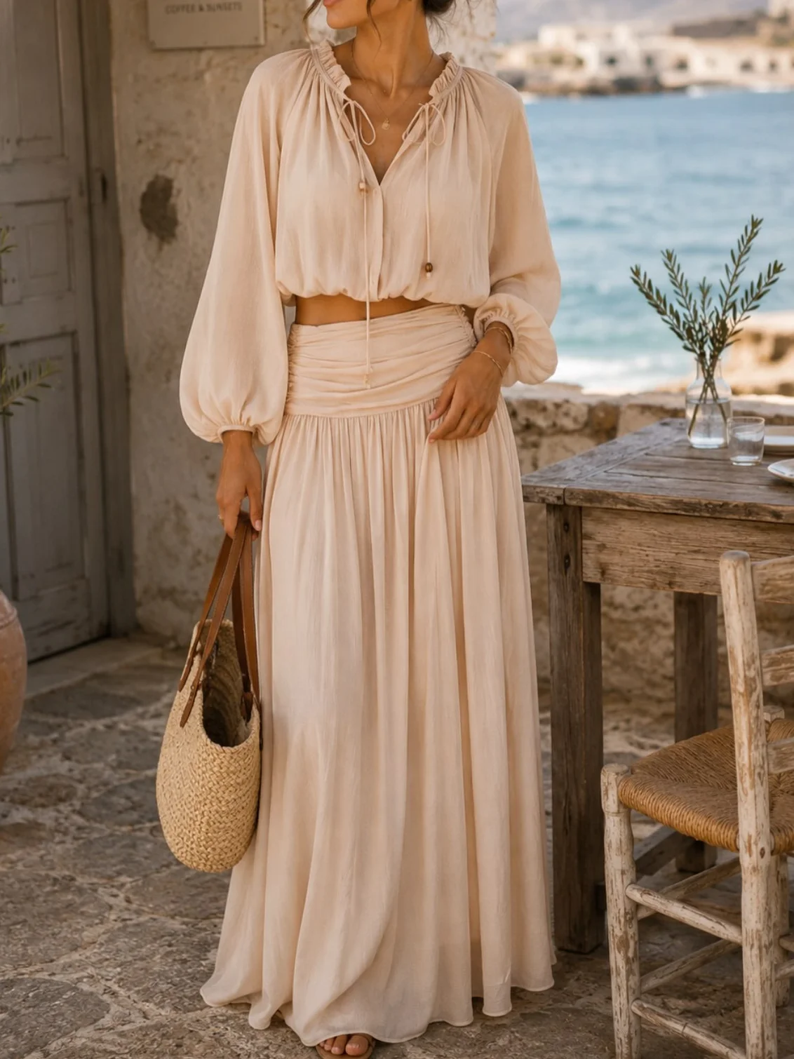 Women Two Piece Set Boho Crop Top Long Sleeve Ruched Midi Skirt Suit Summer Vacation Beach Matching Outfits Cottagecore Vestidos