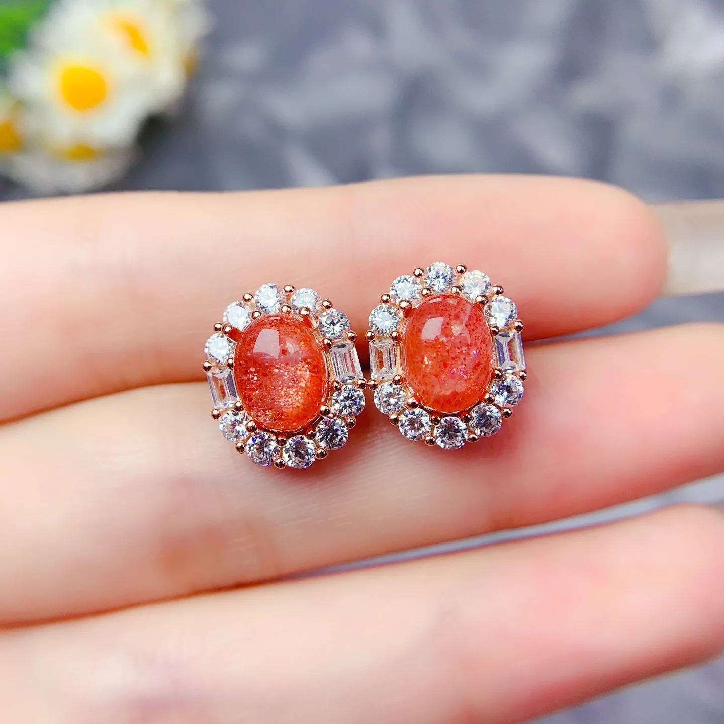KJJEAXCMY Boutique Jewelry Girls' Natural Sunstone Gemstone Earrings 925 Pure Silver Electroplated Rose Gold Christmas Gift