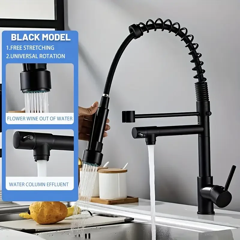 

Kitchen Pull-out Stainless Steel Spring Hot and Cold Water Faucet Splash-proof Dish Washing Sink Mixing Valve Faucet