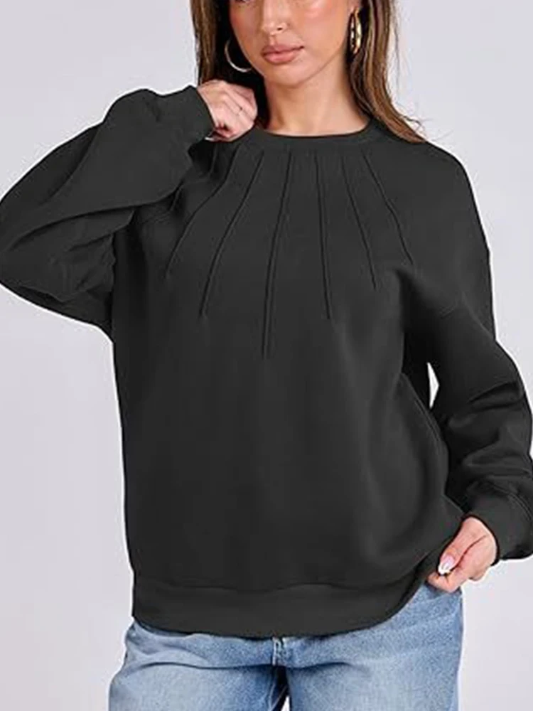 Damesblouses Met Ronde Hals En Geplooide 2024 Nieuwe Casual Effen Kleur Sweatshirt Lente Herfst Dames Elegant Kantoorsweatshirt