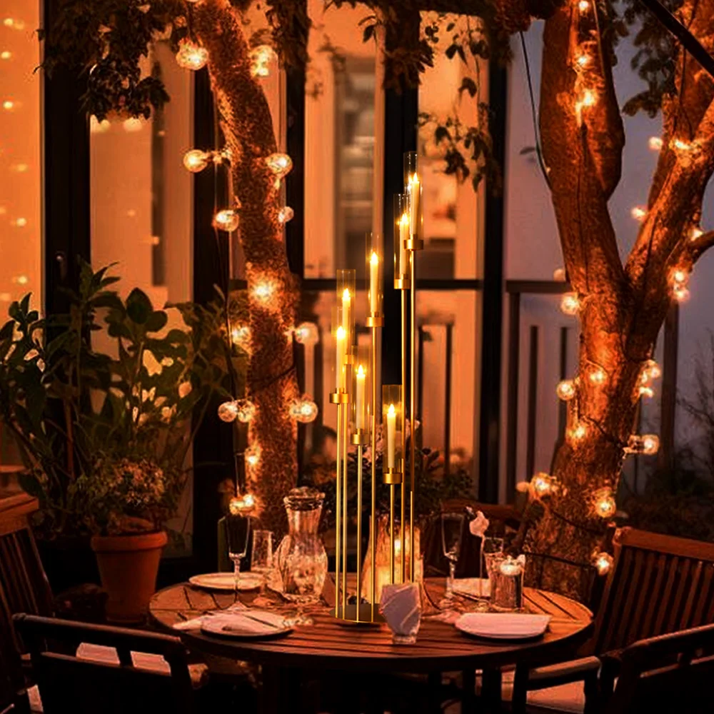4 Sets 7-Arm Gold Floor Candelabra 48 in Tall Wedding Centerpieces Metal Candle Holder with Removable Acrylic Lampshade view 8