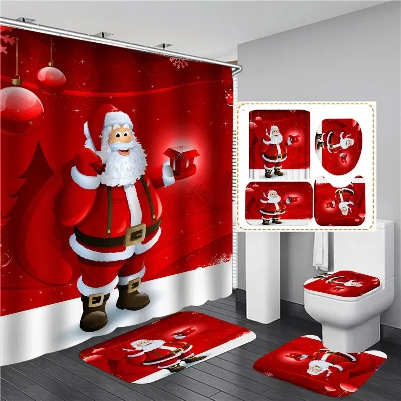Red Santa Claus Printed Christmas Shower Curtain Set with Bath Mat Anti-slip Carpet Bathroom Partition Waterproof Home Decor
