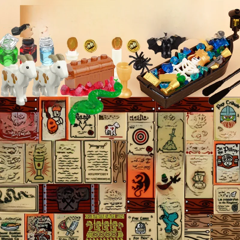 MOC – tableau d'affichage militaire médiéval, panneau de route de Rome, carreaux imprimés, animaux de chèvre, vue de rue d'âge moyen, épée en bois, briques, jouets