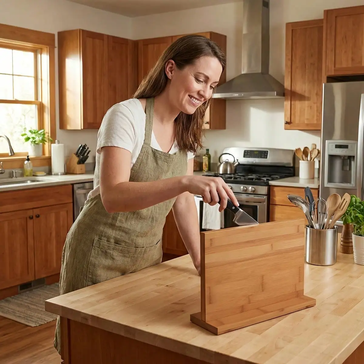 Bamboo Magnetic Knife Holder, Kitchen Organizer With Anti-Slip Base, Space-Saving Knife Storage,Easy-Clean Kitchen Knife Stand For Tidy Countertop