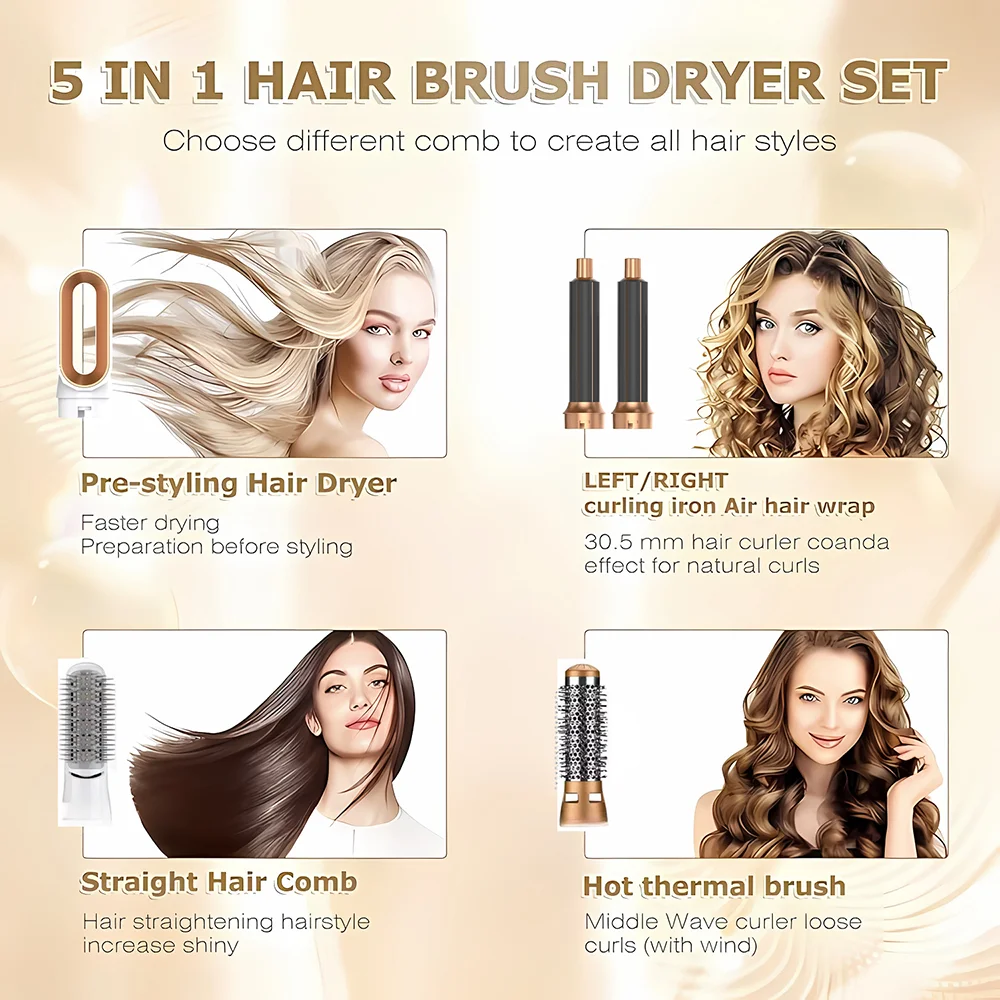 Cepillo Eléctrico 5 en 1 para el Cabello, Secador de Pelo, Rizador Automático, Alisador de Cabello, Peine de Aire Caliente, Aparato de Peluquería Multifuncional - Envío Rápido