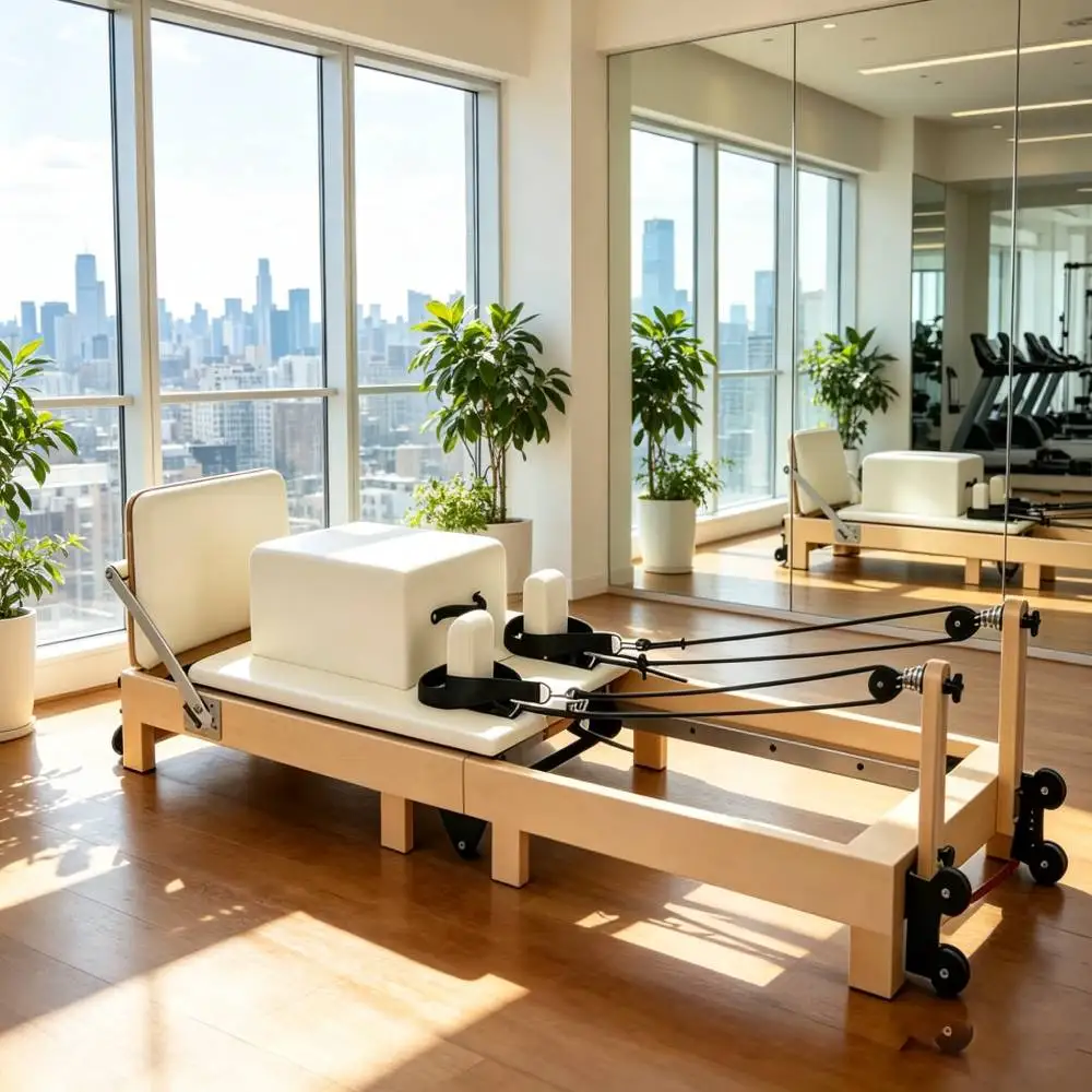 Lit de Pilates en chêne massif, structure robuste, forte capacité de charge, assurant la sécurité lors d'exercices vigoureux