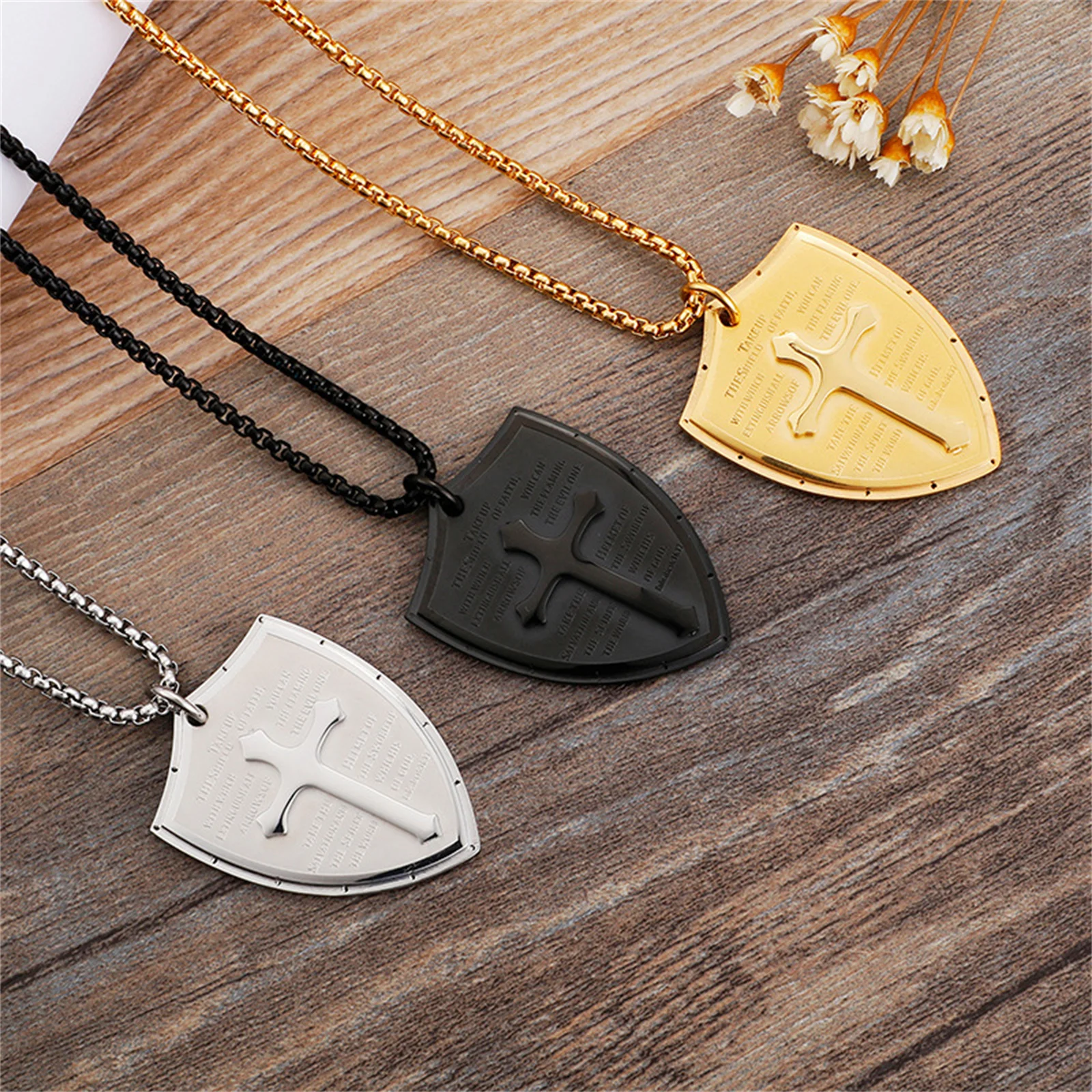 Jesus Christ Pendant Shield Armor of God Ephesians 6:16-17 Stainless Steel Faith Cross Necklace