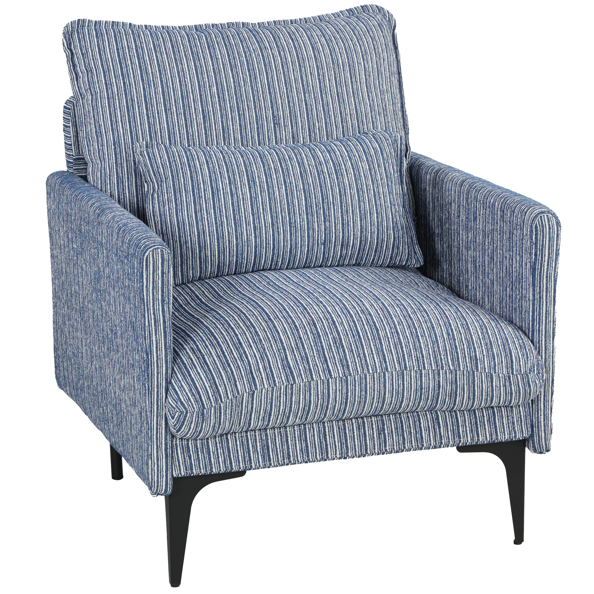 Fauteuil lounge rembourré en tissu effet lin avec accoudoirs, coussin lombaire et assise large, bleu