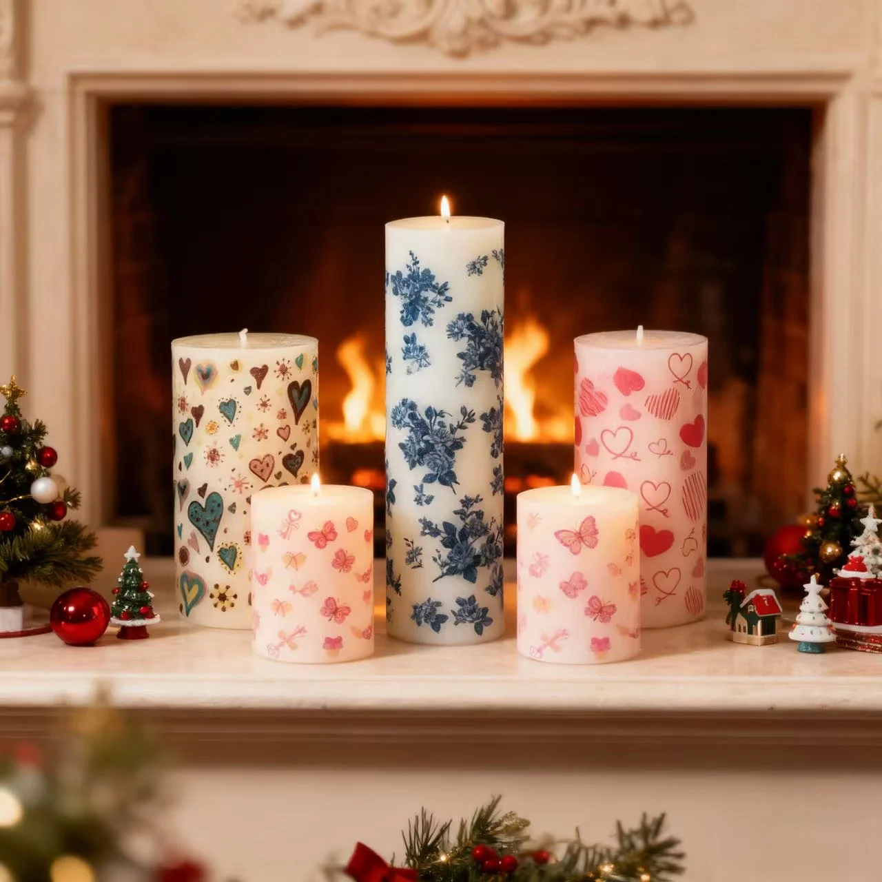 European Style Printed Pillar Candle for Home Decor, Colorful Decal Cylinder Candle for Birthday, Wedding, Hotel and Valentine’