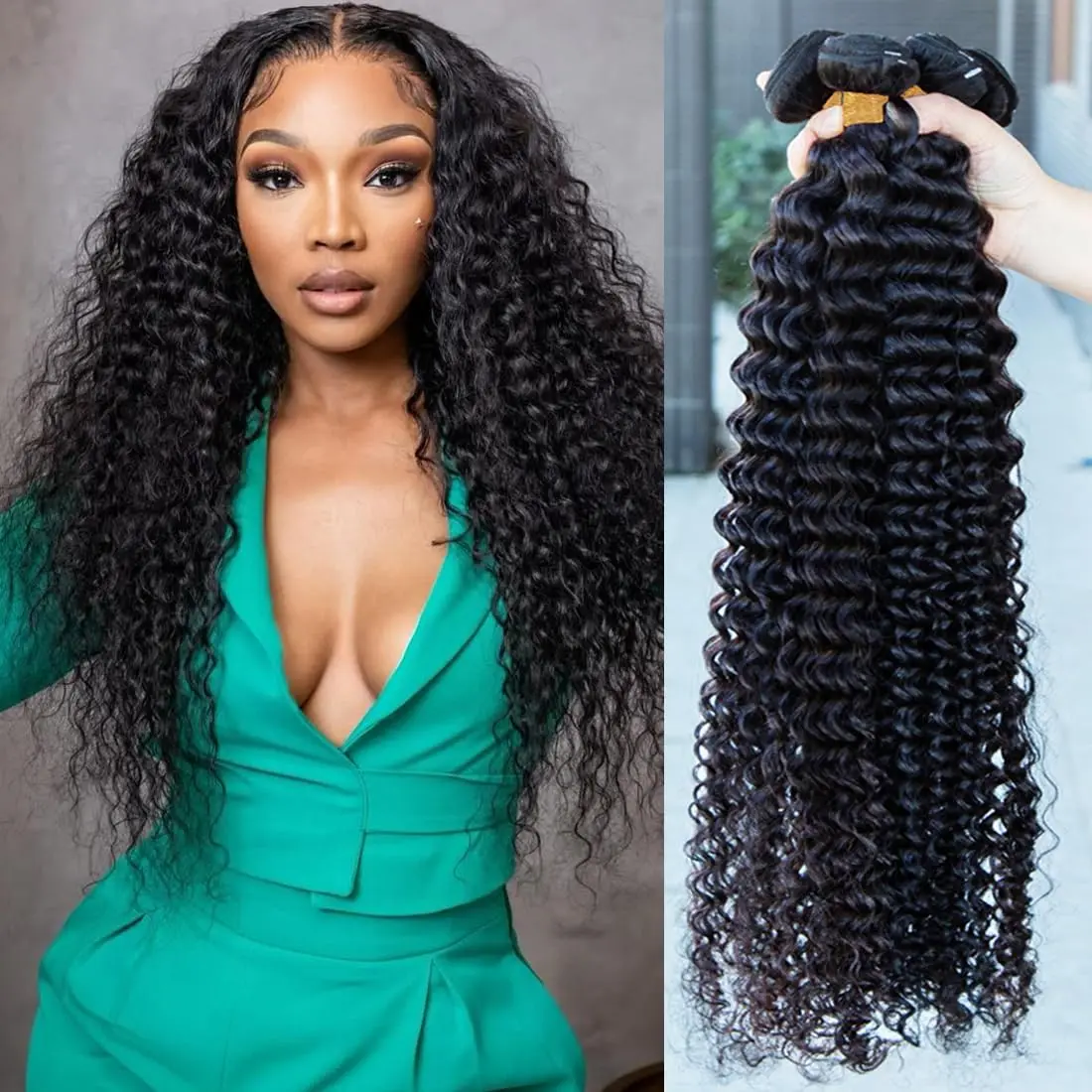 Deep Wave Human Hair Bundles Brazilian Deep Wave Curly Bundles Human Hair 3 Bundles 100% Unprocessed Virgin Wet and Wavy Bundles