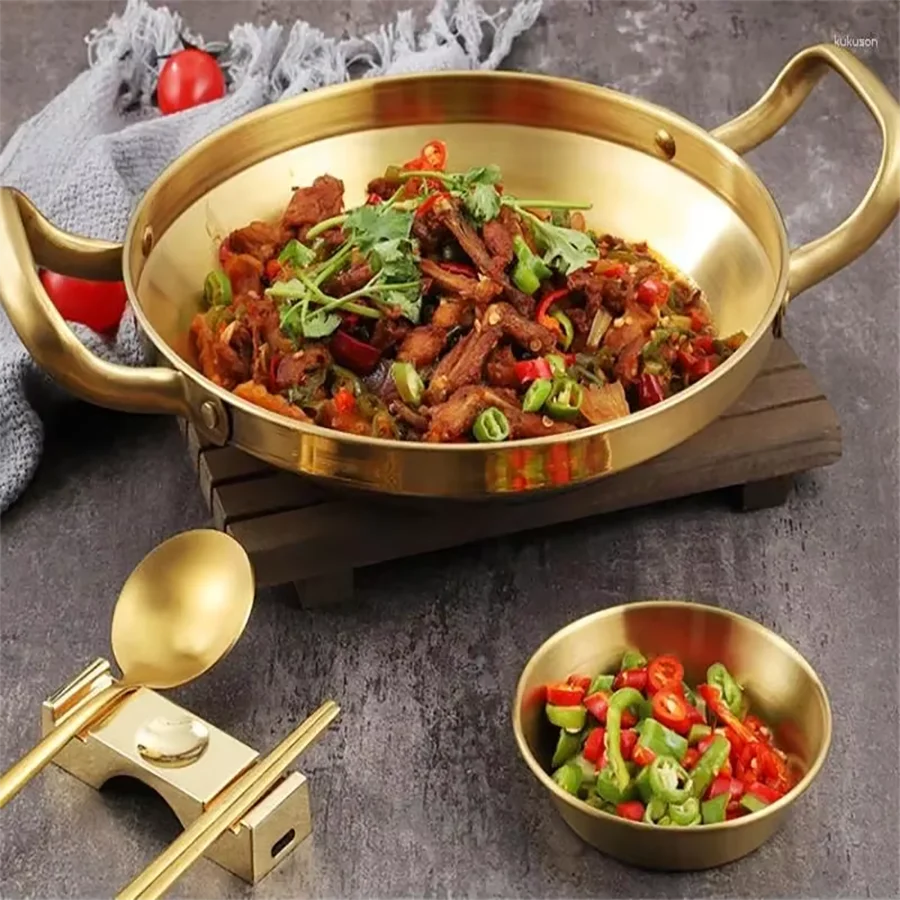 Korean Frying Pan Stainless Steel Paella Pan with Gold Handle Cooking Pot Seafood Rice Pans Non Stick  Skillet Kitchen Cookware