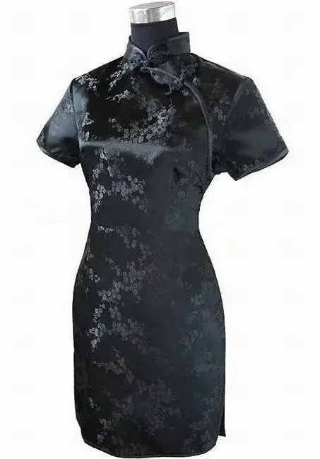 Zwart Traditionele Chinese Vrouwen Qipao Jurk Sexy Korte Mini Cheongsam Handgemaakte Knop Bloem Grote Maat 3XL 4XL 5XL 6XL - afbeelding 2