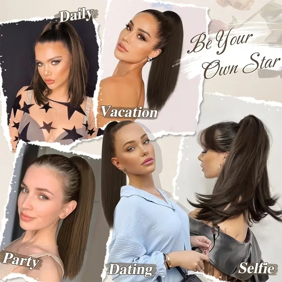 12Colors Straight Drawstring Ponytail Extension Brazilian Human Hair Extensions Drawstring Clip Ins Ponytail 14-26Inch For Salon view 6