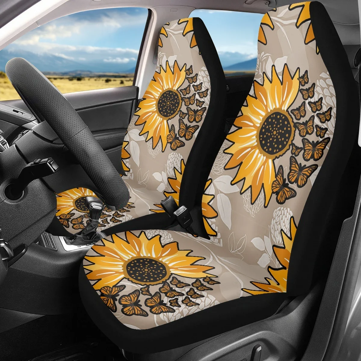 

Brand Design Sunflower Butterflies Print Vehicle Seat Covers Waterproof Sedan Protection Cover 2pcs/Set Car Interior Accessories
