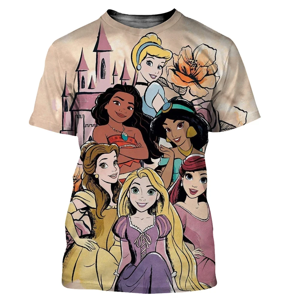 ディズニープリンセスのラウンドネックTシャツ,漫画のキャラクターのトップ,3Dプリントのストリートウェア,子供と大人のためのカジュアルファッション,男の子と女の子