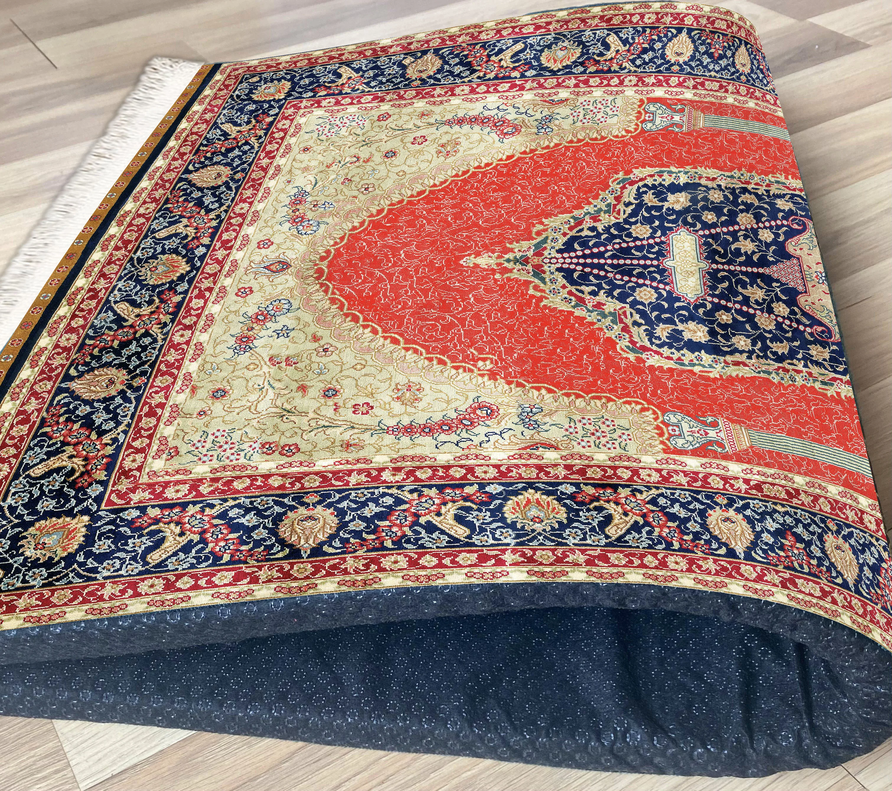 Extra Thick Foam Padded Turkish Red Oriental Prayer Rug, Yaseen, Soft Praying Mat Carpet & Pearl Tasbeeh, İslamic Gift Set