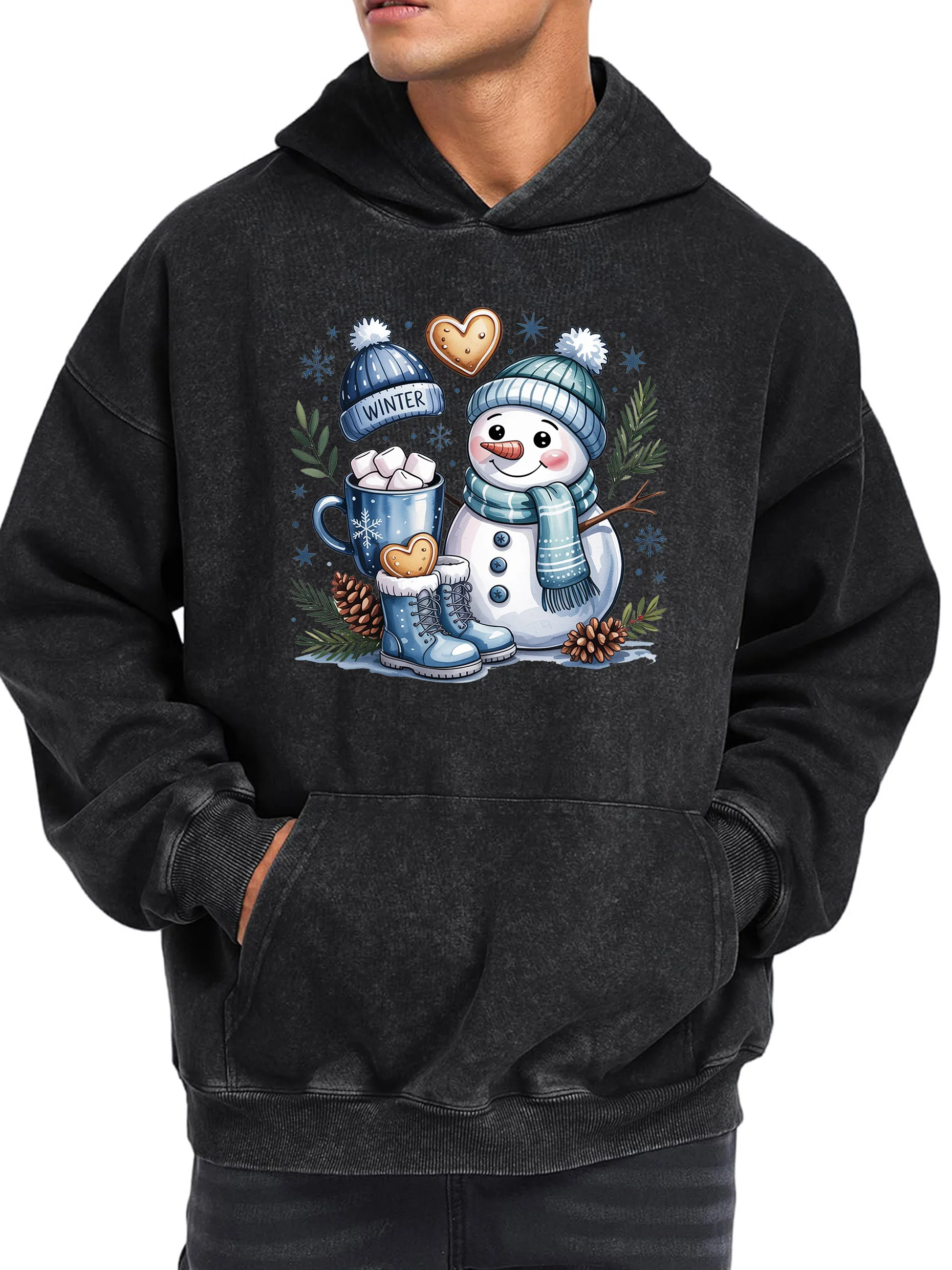 400g Men's Hooded Sweatshirt Christmas Snowman Printed Retro Washed Long-Sleeve Sweatshirt Machine Washablewith Soft