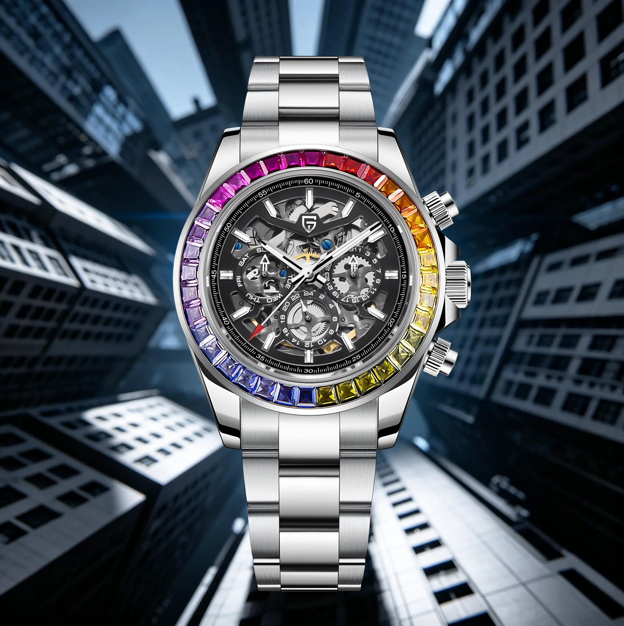 PAGANI DESIGN Luxury Racing Skeleton Men Automatic Mechanical Watch 3 Sub‑Dials Stainless Sapphire Day & Date Display Dive Watch