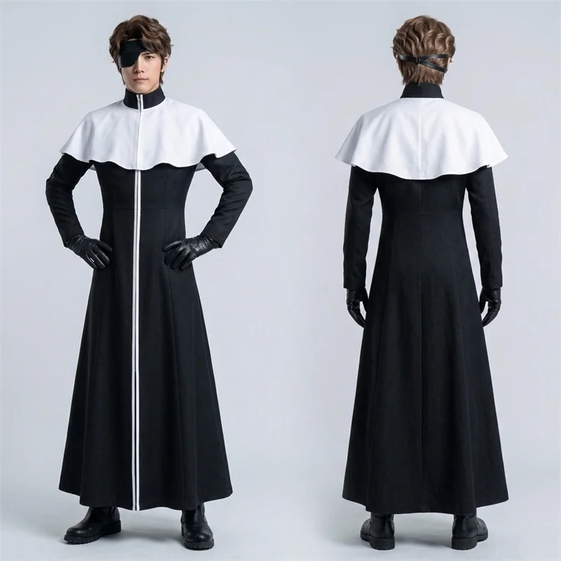 アニメ「アイゼン・ソウスケ」コスプレコスチューム-メンズ-ロングコート-ローブ-ケープ-アイパッチ-グローブ-フルセット-ハロウィン-ロールプレイ-パーティー-パフォーマンススーツ