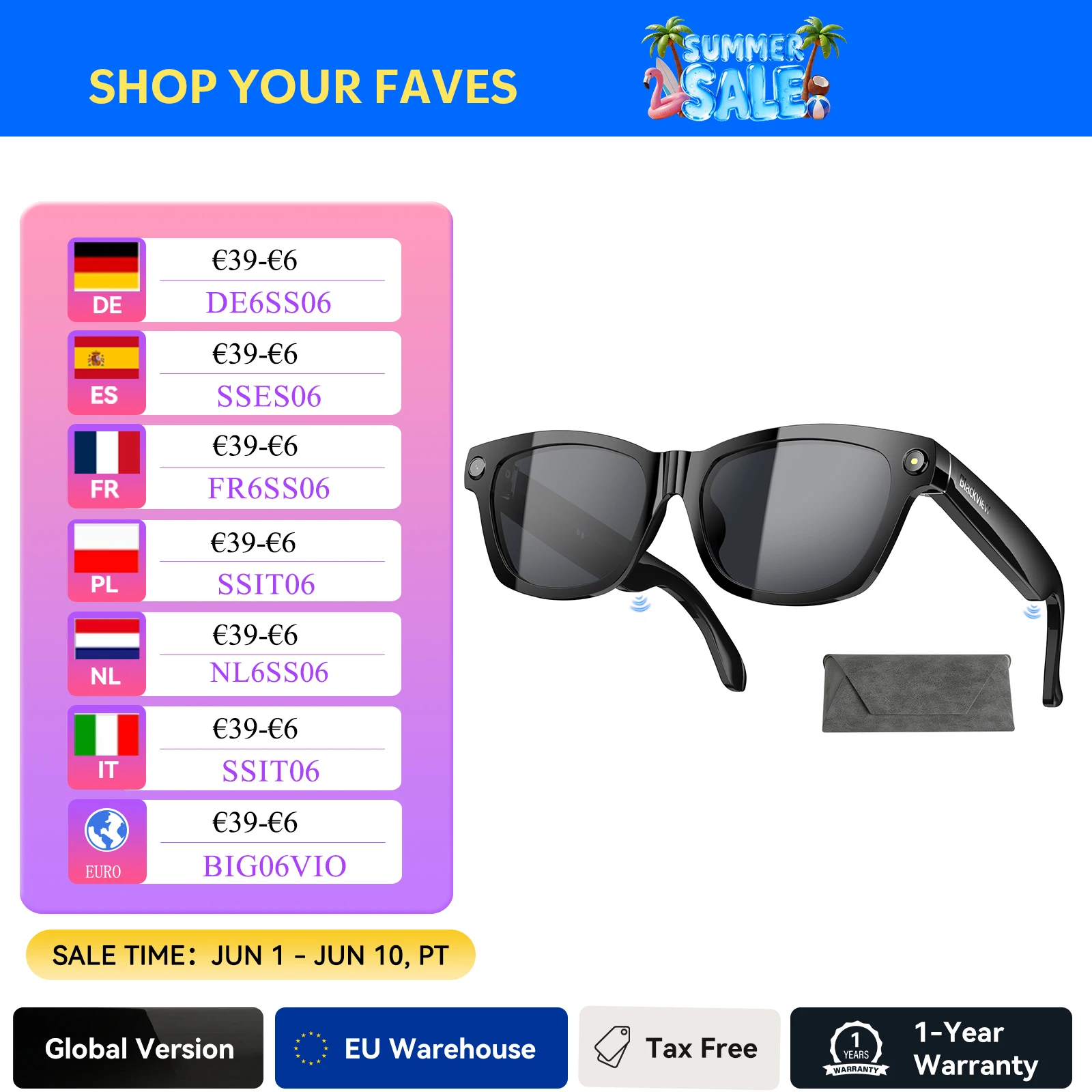 Blackview BV100 lunettes intelligentes, caméra HD, Bluetooth 5.4, batterie 220 mAh, haut-parleurs de basse stéréo, micro antibruit, détection d'usure